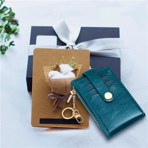 Slim Wallet for Women, 1-Oil Wax-Peacock blue - Picture 5 of 5